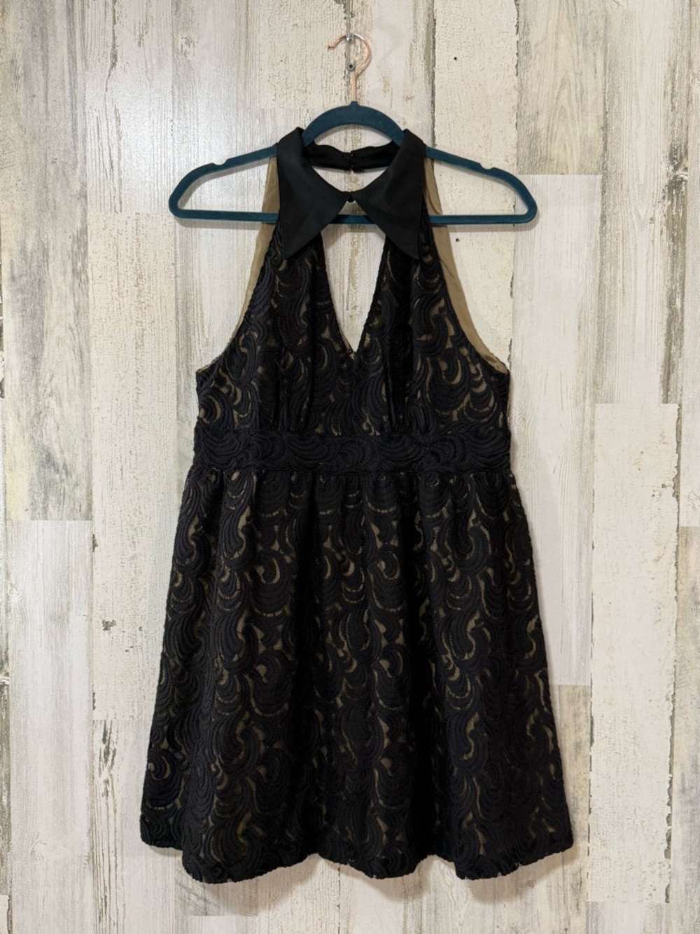 Anna Sui Black Lace Halter Mini Dress with Collar Detail
